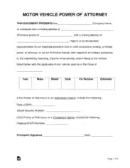 Motor Vehicle Power Of Attorney Form Template