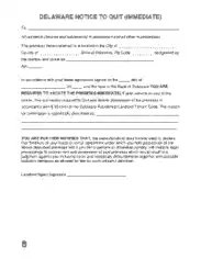 Delaware Immediate Notice To Quit Form Template