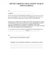 South Carolina 5 Day Notice To Quit Form Nonpayment Form Template