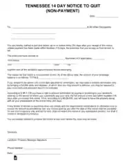 Tennessee 14 Day Notice To Quit Nonpayment Of Rent Form Template