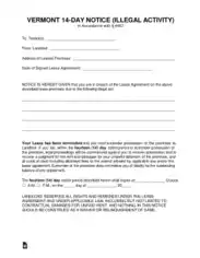 Vermont 14 Day Notice To Quit Illegal Activity Form Template