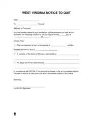 West Virginia Notice To Quit Form Template