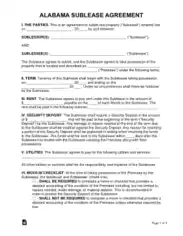 Alabama Sublease Agreement Form Template