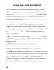 Hawaii Sublease Agreement Form Template