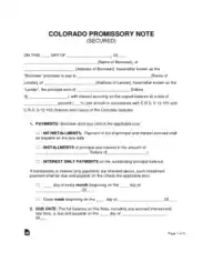 Colorado Secured Promissory Note Form Template