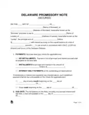 Delaware Secured Promissory Note Form Template
