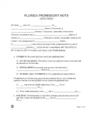 Florida Secured Promissory Note Form Template