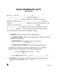 Idaho Secured Promissory Note Form Template