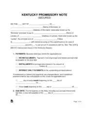Kentucky Secured Promissory Note Form Template