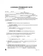Louisiana Secured Promissory Note Form Template