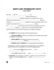 Maryland Secured Promissory Note Form Template