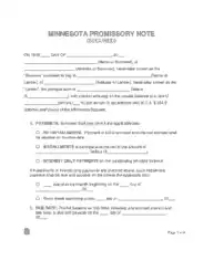 Minnesota Secured Promissory Note Form Template