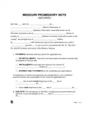 Missouri Secured Promissory Note Form Template