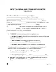 North Carolina Secured Promissory Note Form Template