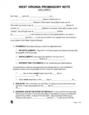 West Virginia Secured Promissory Note Form Template