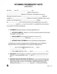 Wyoming Secured Promissory Note Form Template
