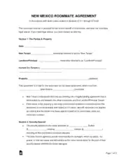 New Mexico Roommate Agreement Form Template