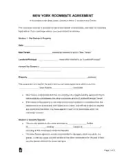 New York Roommate Agreement Form Template