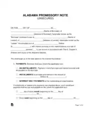 Alabama Unsecured Promissory Note Form Template