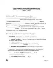 Delaware Unsecured Promissory Note Form Template