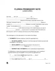 Florida Unsecured Promissory Note Form Template