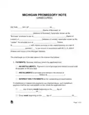 Michigan Unsecured Promissory Note Form Template