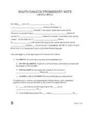 South Dakota Unsecured Promissory Note Form Template
