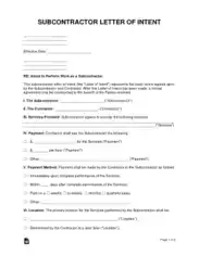 Subcontractor Letter of Intent Sample Letter Template