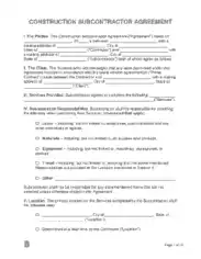 Construction Subcontractor Agreement Form Template