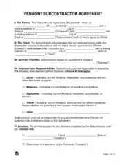 Vermont Subcontractor Agreement Form Template