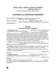 California Multi Member LLC Operating Agreement Form Template