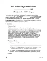 Georgia Single Member LLC Operating Agreement Form Template
