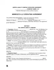 Minnesota Multi Member LLC Operating Agreement Form Template