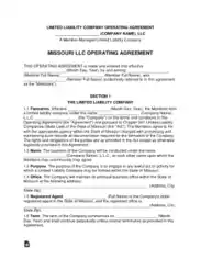 Missouri Multi Member LLC Operating Agreement Form Template