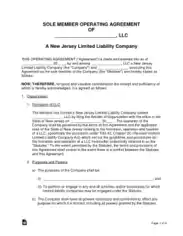 New Jersey Single Member LLC Operating Agreement Form Template
