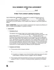 New York Single Member LLC Operating Agreement Form Template