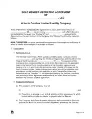 North Carolina Single Member LLC Operating Agreement Form Template