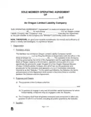 Oregon Single Member LLC Operating Agreement Form Template