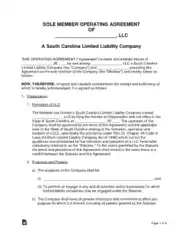 South Carolina Single Member LLC Operating Agreement Form Template