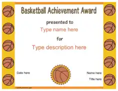 Free Download PDF Books, Basketball Achievement Award Template