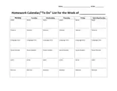 Weekly Homework Calendar Sample Template