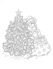 Christmas Decorated Tree Santa Delivering Gifts Coloring Template
