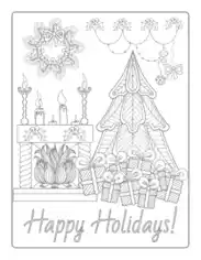 Christmas Fireside Tree Gifts Wreath Coloring Template
