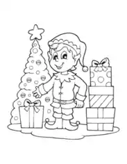 Free Download PDF Books, Christmas Tree Cute Elf Delivering Presents Coloring Template