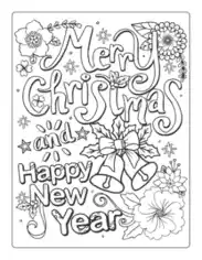 Merry Christmas Happy New Year Bells Flowers Coloring Template
