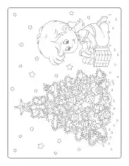 Christmas Girl Opening Present Decorated Tree Free Coloring Template