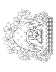 Easter Cute Little Rabbit Egg House Daffodils Coloring Template