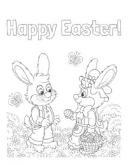 Happy Easter Bunnies Egg Basket Flowers Coloring Template