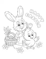 Happy Easter Bunny Chick Basket Coloring Template