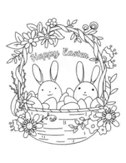 Happy Easter Cute Basket Eggs Flowers Coloring Template